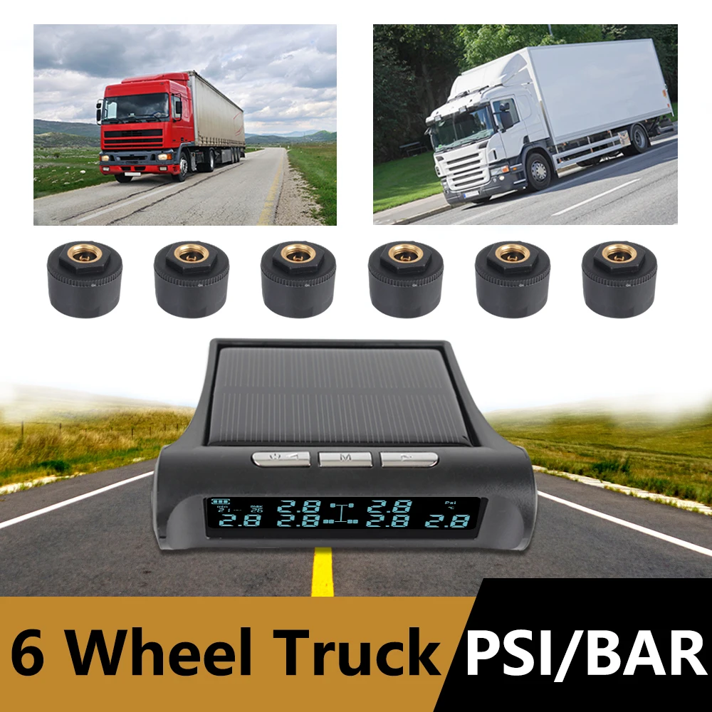 Tire Pressure Monitoring For Truck Bus Car With 6 External Sensors LCD Display Solar Power TMPS Tyre Temperature Alarm System