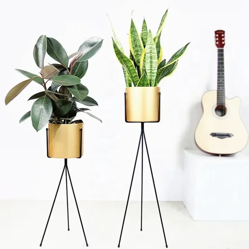 for Home Garden Decorative Metal Flower Pot Iron Planter Steel Bonsai Pot Gold with Metal Stand