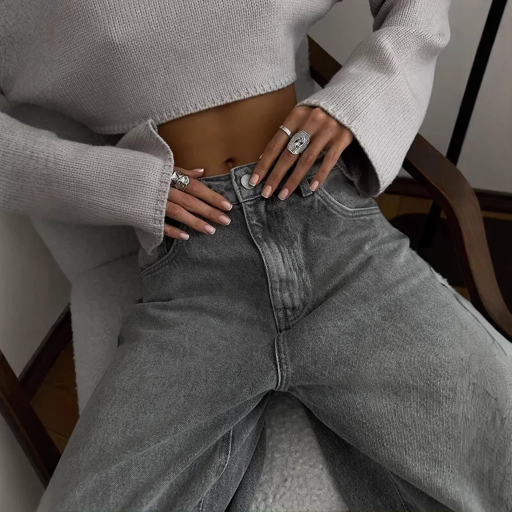 アメリカンスタイルのレトログレーウォッシュ加工ダメージデニムワイドレッグハイウエストルーズフィットフロアレングスカジュアルパンツ女性用