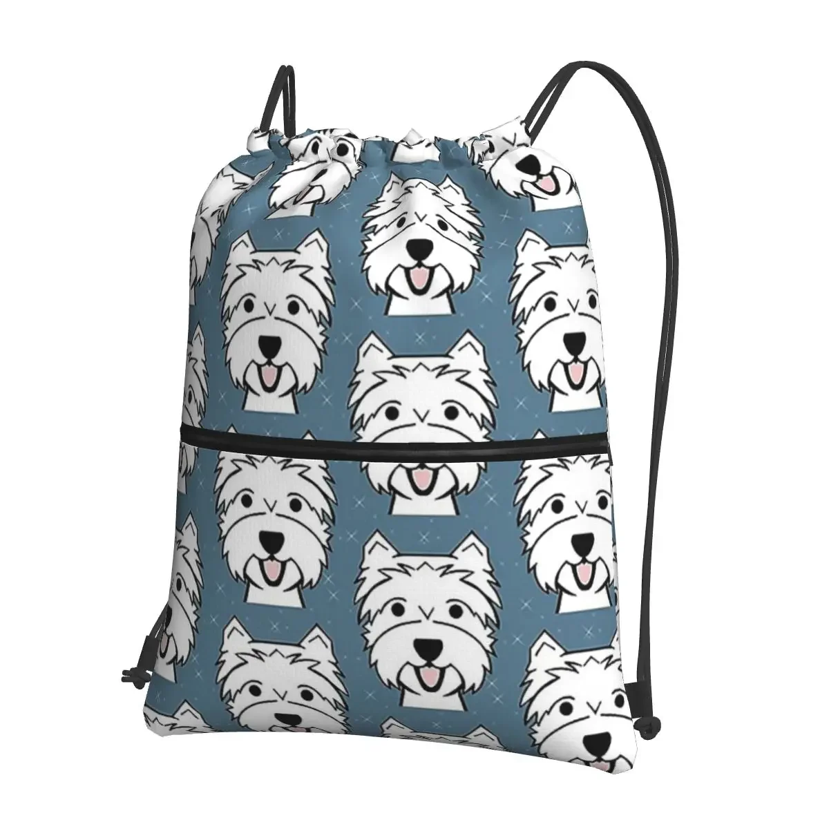 Mochilas de cordão portáteis para alunos da escola, West Highland Terrier, Walking Dogs, azul, sacos de moda