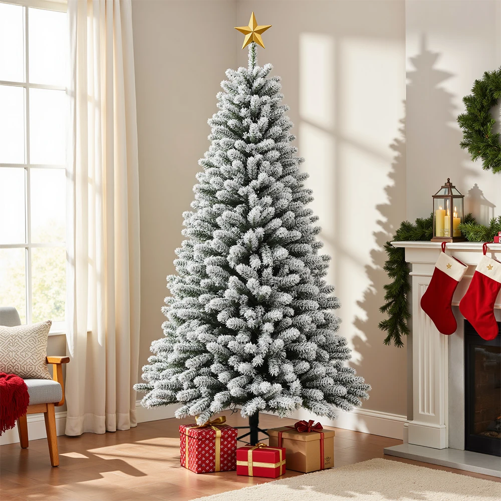 

6ft Pre-Lit Christmas Tree Artificial Snow Flocked with 250 Warm Lights | 874 Tips Easy Assembly Artificial Spruce Tree for Xmas