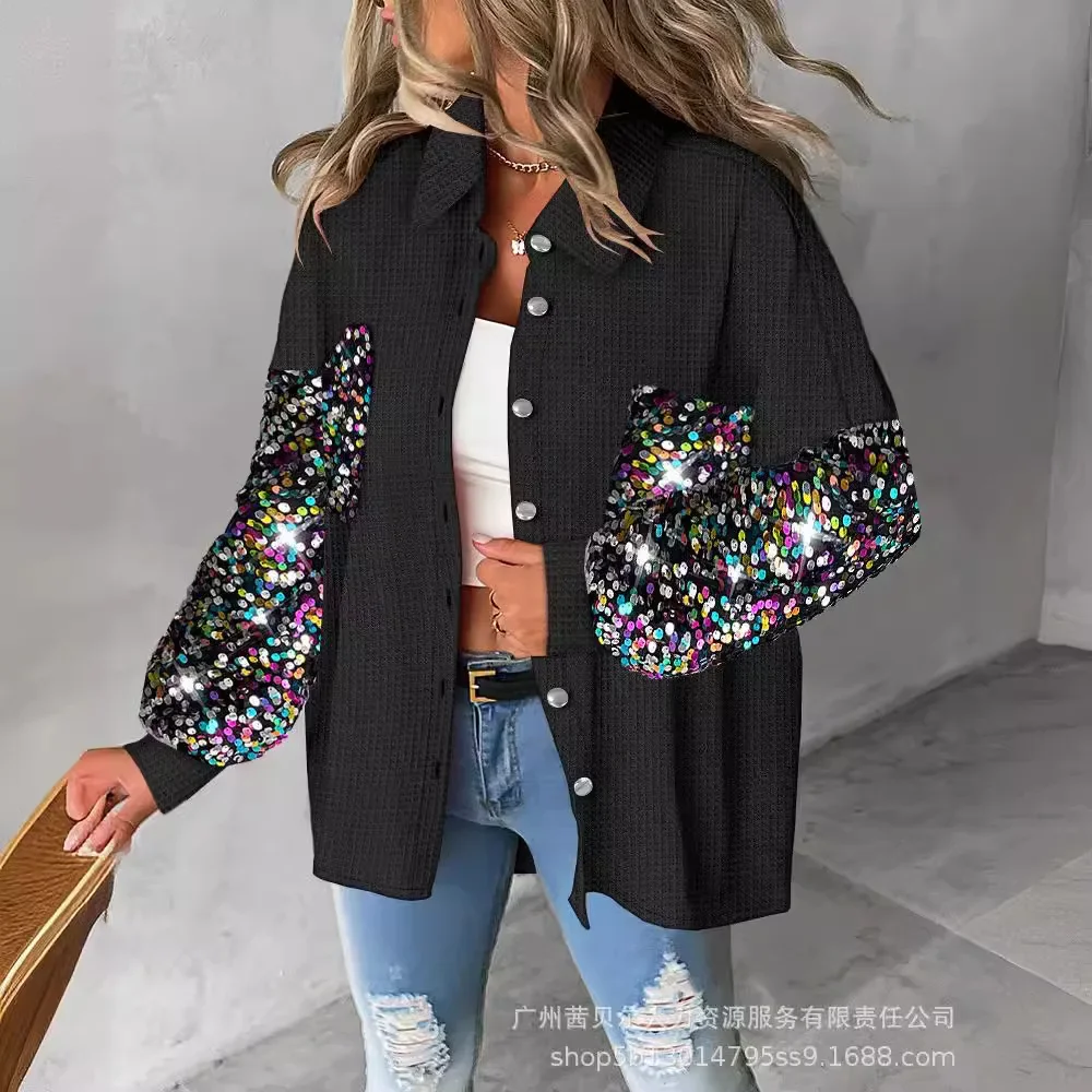 Women Shirt Jacket Contrast Sequin Raw Hem Shacket Long Sleeve Loose Single Breasted