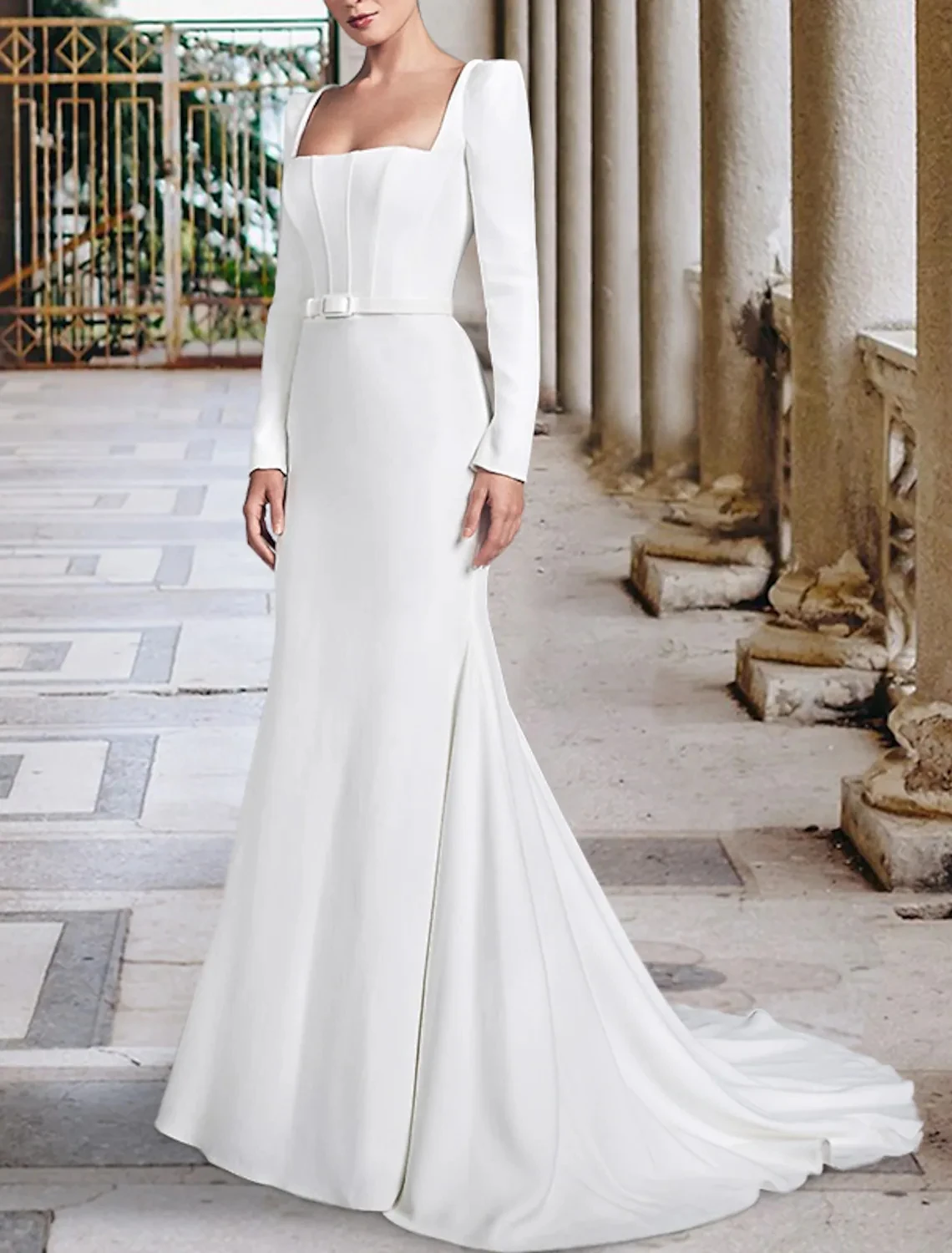 

Customized Church A-Line Wedding Dress 2025 Simple Long Sleeve Square Neck Soft Satin Birde Party Gowns Robe De Mariage