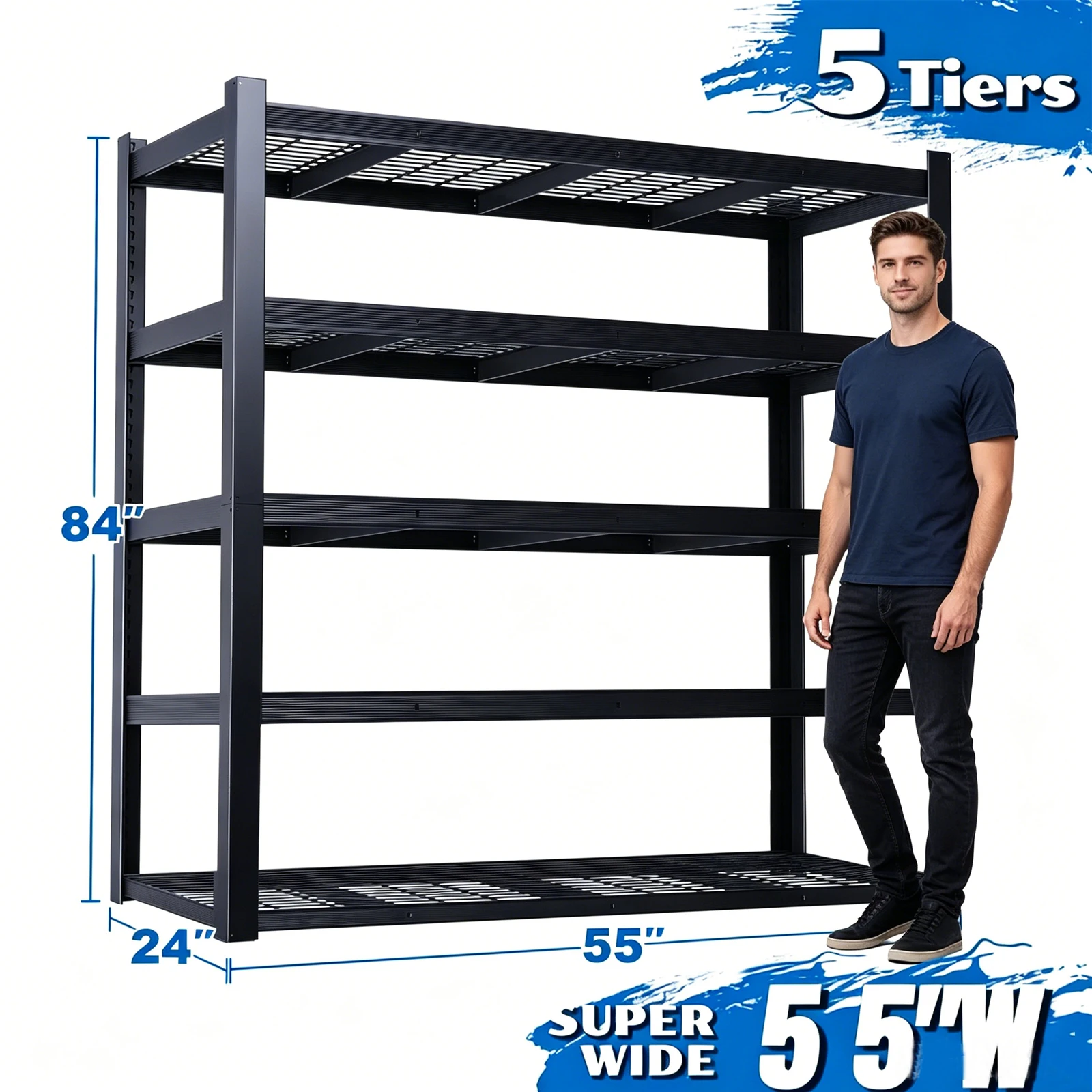 5-Tier Heavy Duty Garage Shelving Unit Adjustable Metal Wire Storage Rack Black Steel Shelves for Basement Warehouse Pantry Closet, 600 lb per Shelf