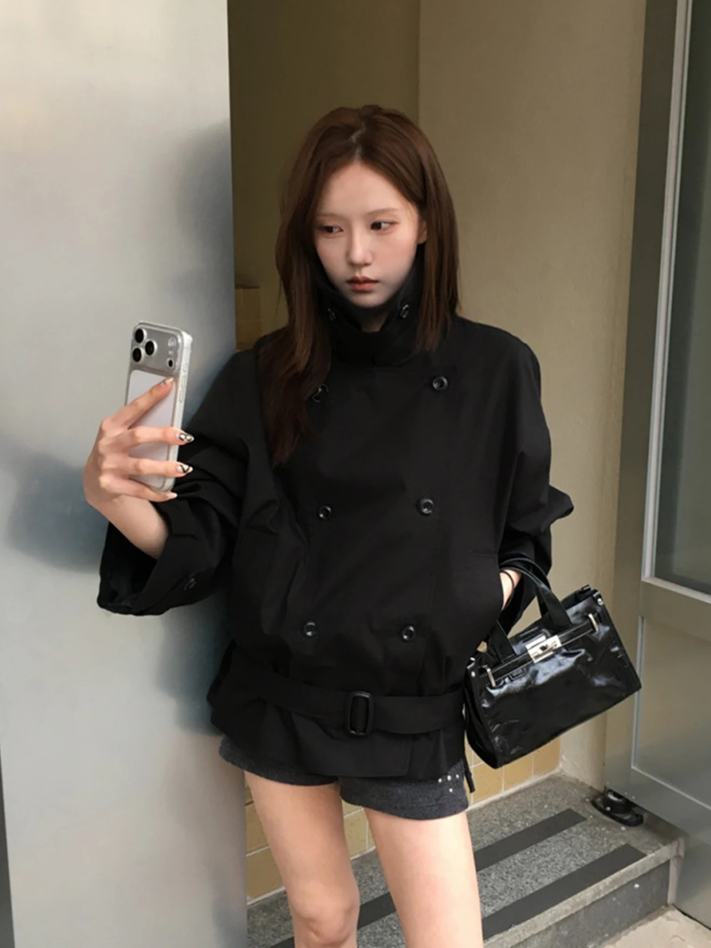 Short Double-Breasted Stand-Collar Waist-Belted Slim Fit Women's Windbreaker Jacket Autumn 2026 Fashion Casual Polyester