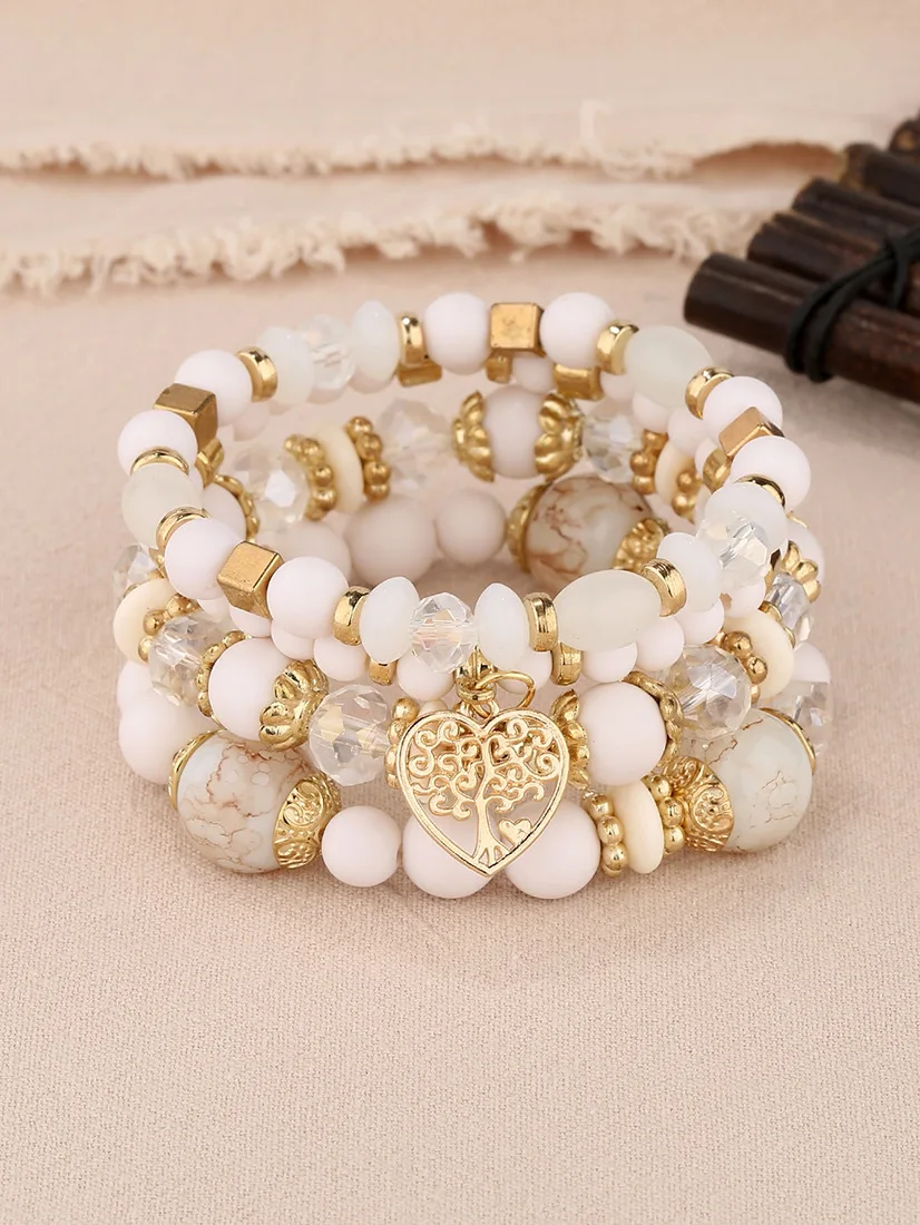 4-teiliges Armband-Set mit Herz- und Lebensbaum-Motiv für Damen, Acryl-Glasperlen, elastische Armkette, modischer Party-Schmuck für Frauen – Detail 3