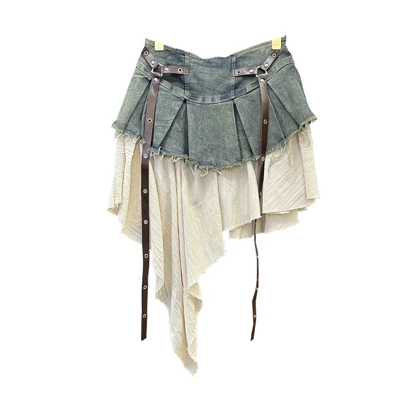 

Retro splicing denim pleated skirt women's summer new temperament girl fashionable high waist thin a word skirt