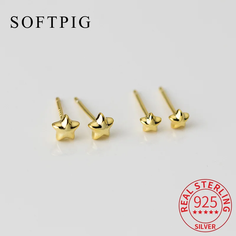 SOFTPIG Real 925 Sterling Silver 4/5MM 18K Star Mini Stud Earrings for Women Party Classic Fine Jewelry Geometry Accessories