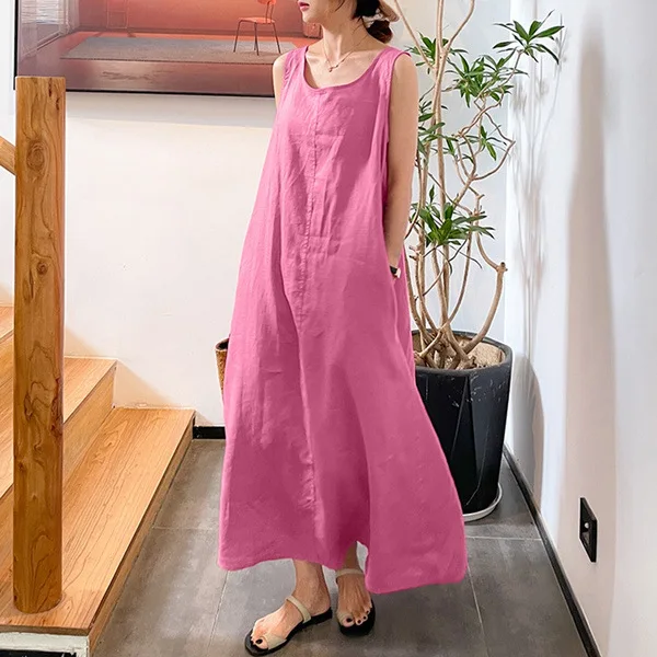 Cotton Linen Dress for Women Pocket Round Neck Sleeveless Dress Women Summer Vintage Long Loose Vestido Feminino