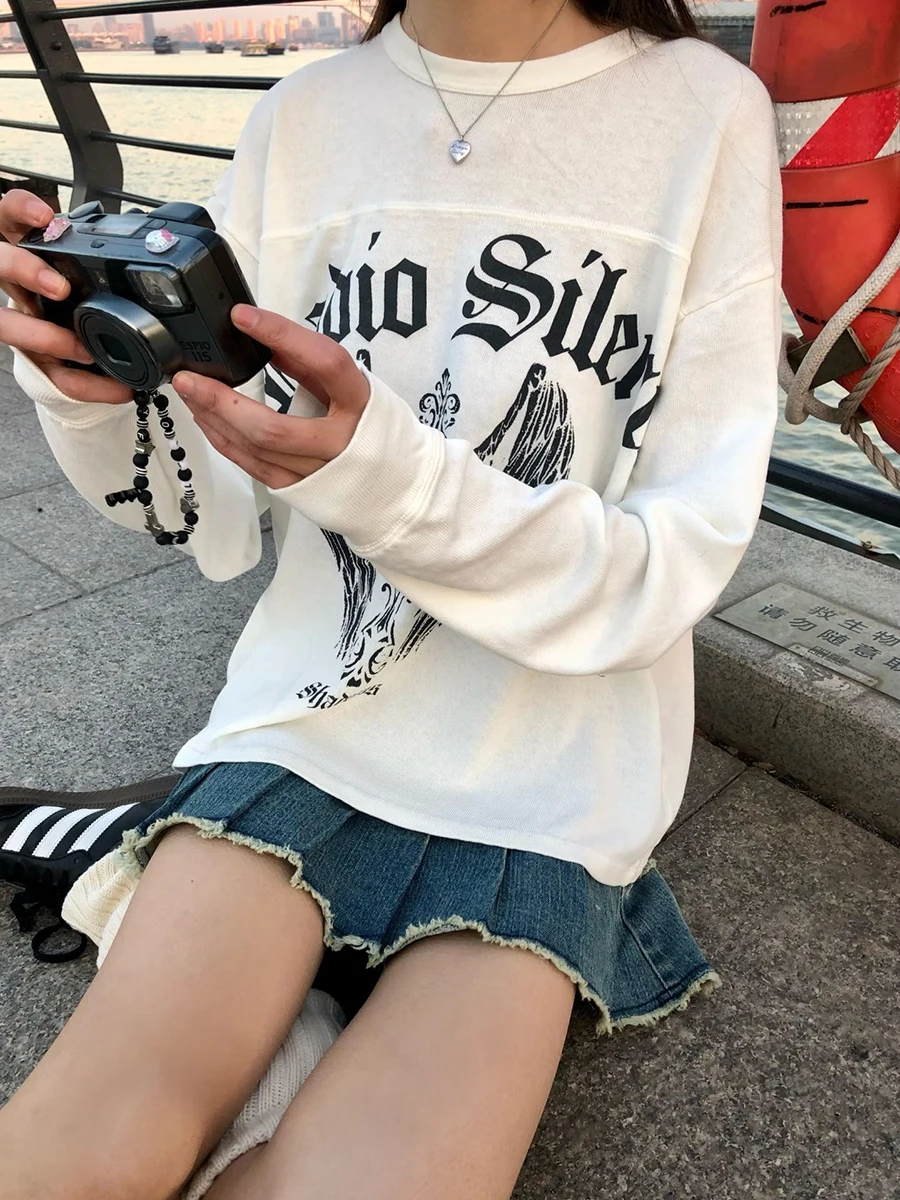 Wing Letter Print Long Sleeve T-shirt Woman Spring O-neck Cotton White Tshirt Female Vintage Streetwear Preppy Style Tee Tops
