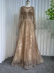 2024 Dubai Arabic Designer Luxury Nude A Line Beaded Evening Dresses Gowns  Long Sleeve Crystal For Women Wedding Party HO1820