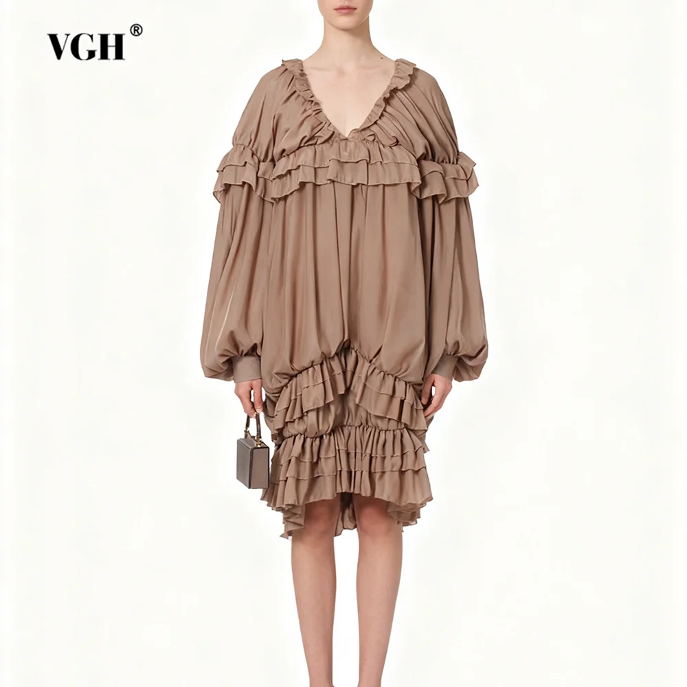 ชุดเดรสทรงหลวมแบบเรียบหรูสำหรับผู้หญิง คอวี แขนยาวทรงโคมไฟ ดีไซน์ทันสมัยสำหรับฤดูร้อน เหมาะสำหรับงานปาร์ตี้ ชุดเดรสจับจีบ สไตล์แฟชั่นสำหรับผู้หญิง