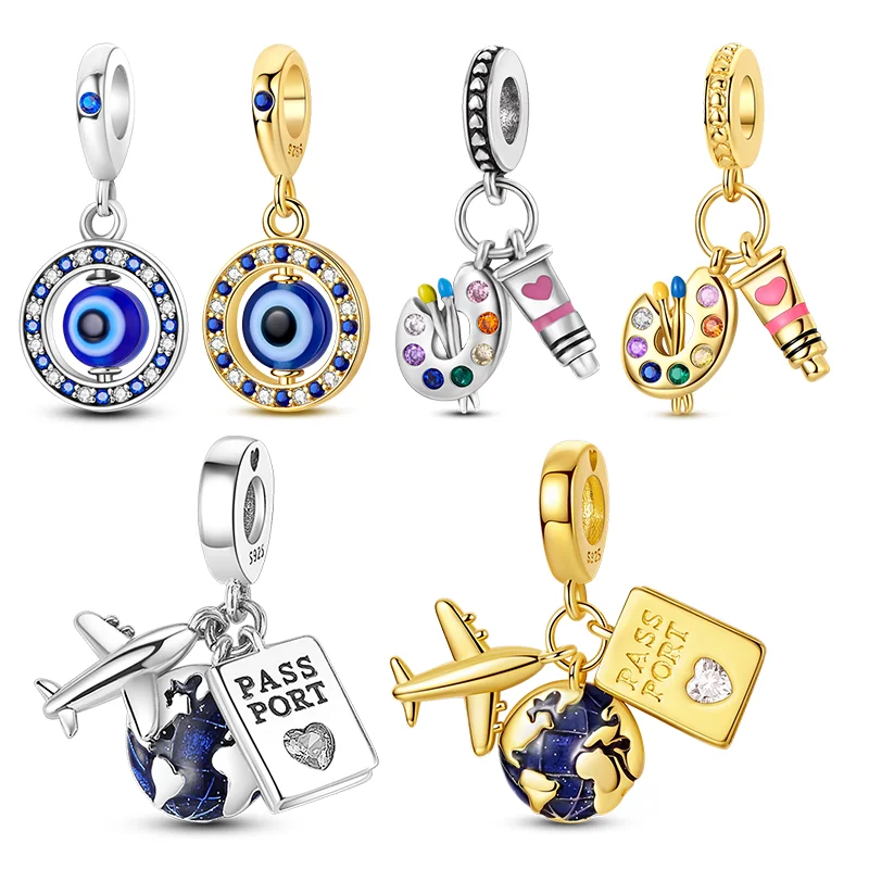 Original-Charm aus 925er-Sterlingsilber, goldenes blaues Auge, Erde, Reisepass, baumelnd, für Armband-Anhänger, DIY-Schmuck, Geschenk für Frauen