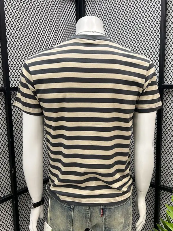 2024 Summer New Men\'s Cotton T-shirt Men\'s Striped Short-sleeved T-shirt Men\'s Stretch Top Men\'s Fashion Shirt Men