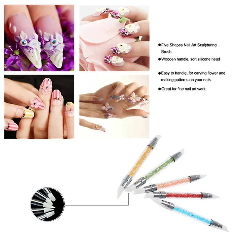 5pcs Dual-ended Silicone 2 Ways Nail Art Sculpture Pen DIY Glitter Powder Emboss Carving Liquid Manicure Dotting Brush Tool