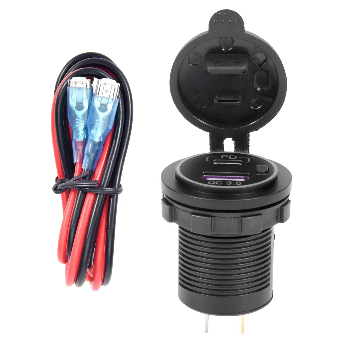 Tomada de Alimentação para Carro com Interruptor Ligar e Desligar, Azul, PD, Tipo C, USB, QC 3.0 Carregador Rápido, 12V, Adequado para Motocicleta, RV, ATV