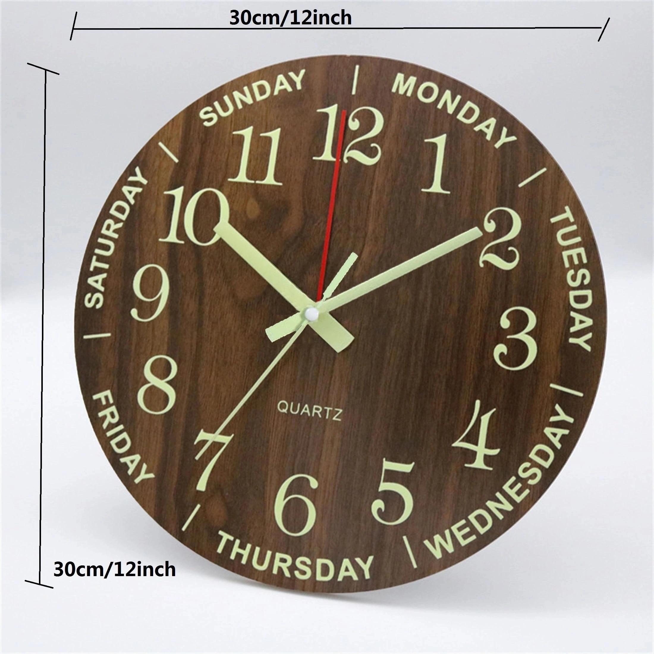 ساعة حائط مضيئة مقاس 12 بوصة، ضوء صامت من الخشب في الليل المظلم، عدد كبير، ساعة حائط عصرية غير موقوتة مع ضوء ليلي