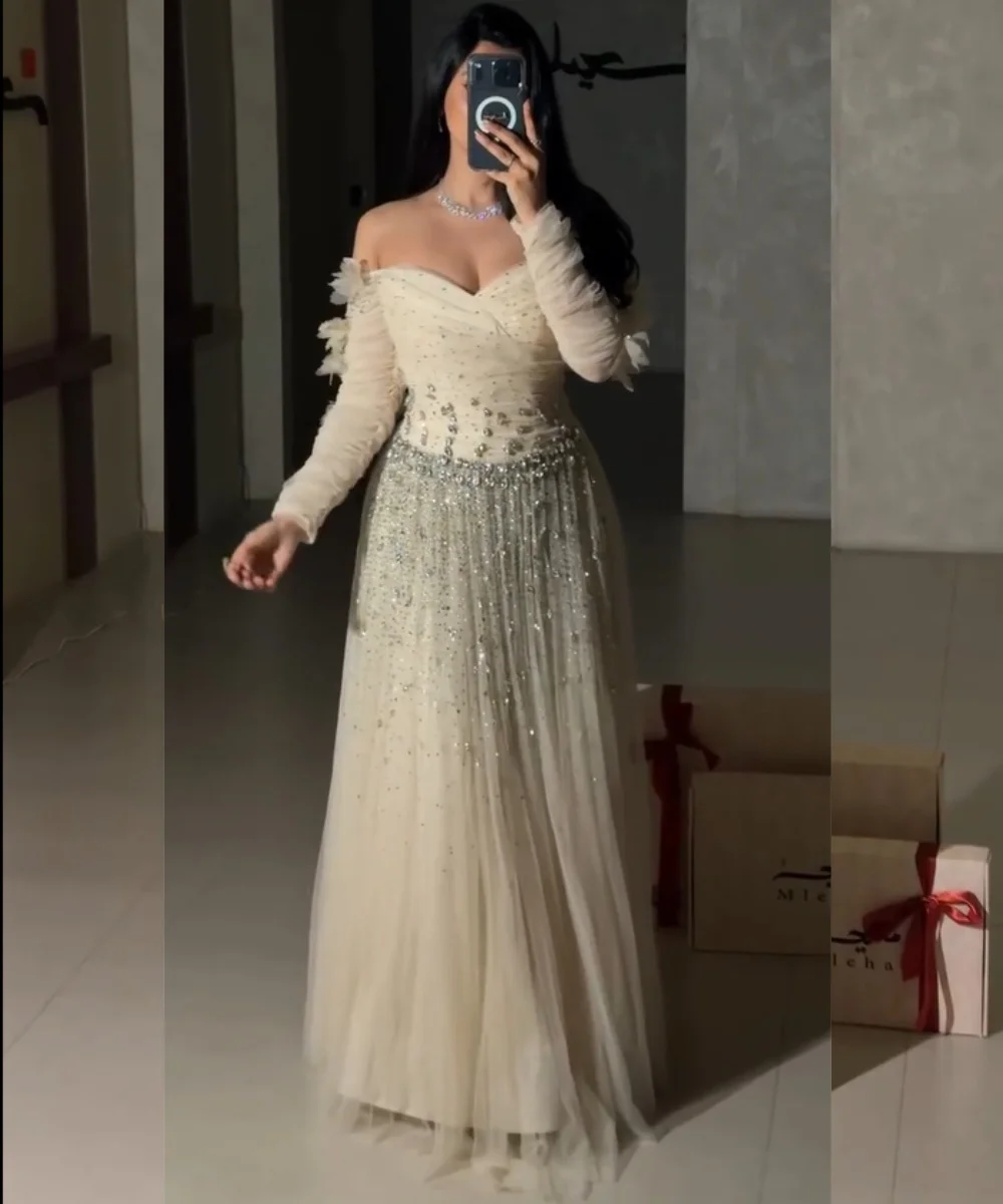 Customized Formal Net Pleat Sequined A-line Off-the-shoulder Long Bespoke Occasion Prom Dresses Classic