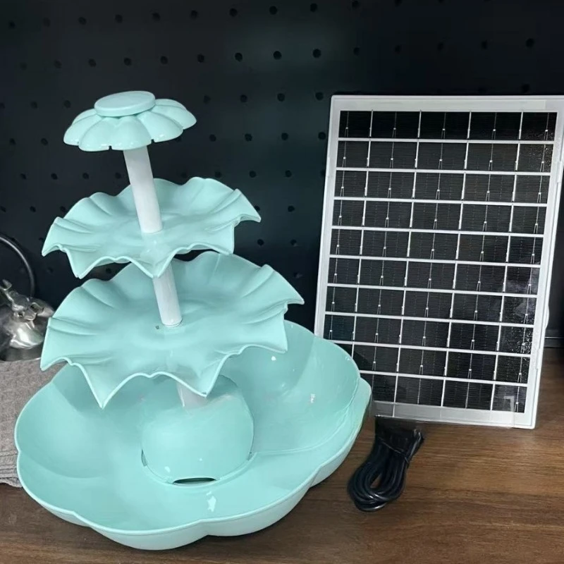 Solar three-story running fountain 6.5W waterfall water feature bird bath garden terrace deck and backyard aqua blue