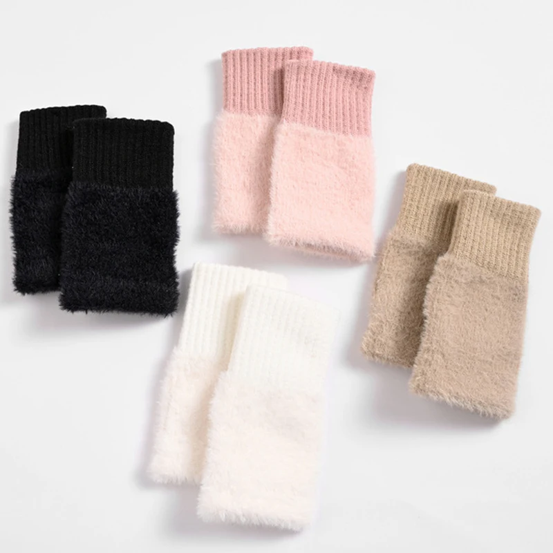 Thickened Female Wool Warm Knitted Gloves Simple Open Finger Autumn Winter Half Finger Gloves Students