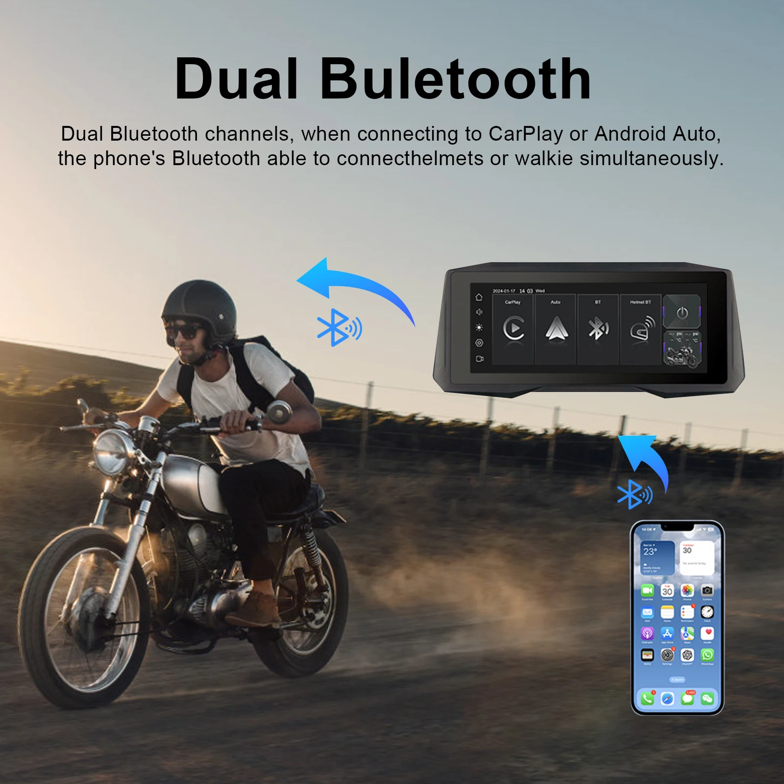 7 Inch Motorcycle Portable CarPlay Dual Blueteeth IP67 Waterproof Motorcycle GPS Navigation Screen Support CarPlay/Android Auto