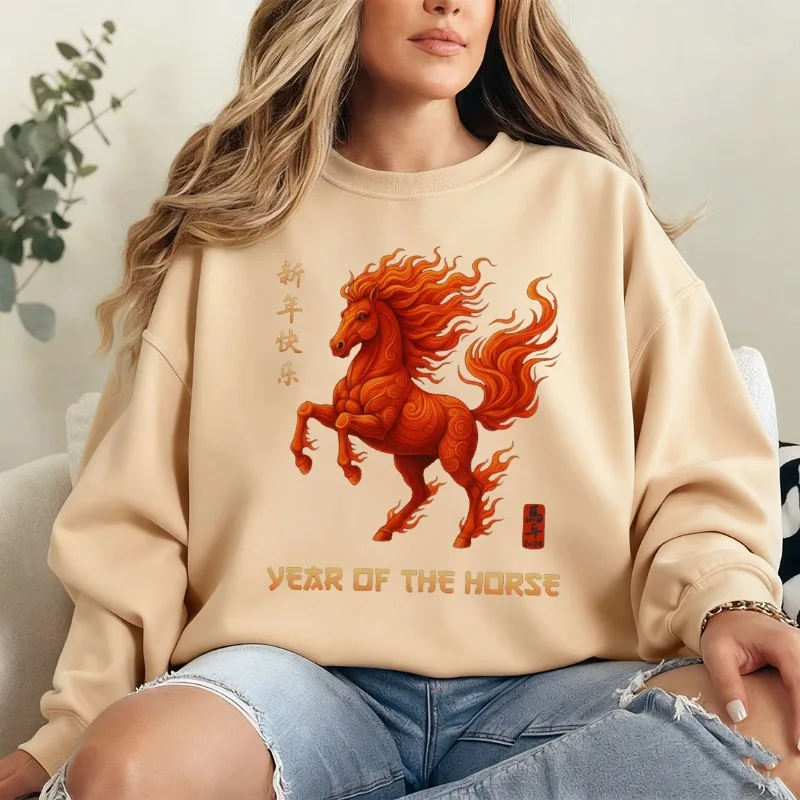 

Огненная лошадь, китайский лунный Новый год 2026, Зодиак с круглым вырезом на открытом воздухе, модная винтажная термальная толстовка с длинными рукавами, осенне-зимний топ