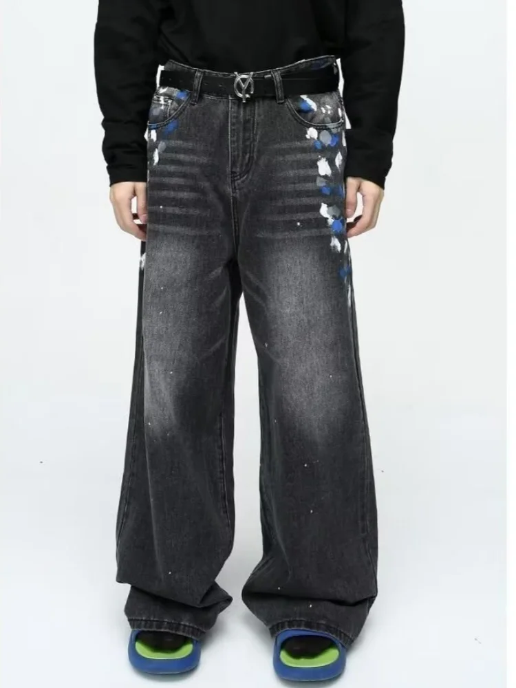2025 American Retro Y2K Style Washed Black Graffiti Painted Baggy Jeans Pants For Men Clothes Straight Streetwear Denim Trousers