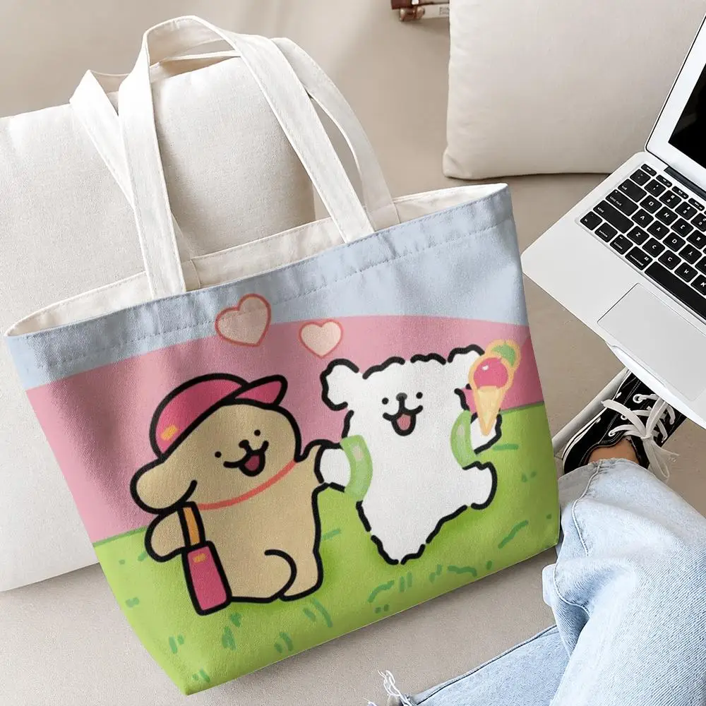 Bolsas de Almacenamiento P-Puppy de Korean Line, Lona con Impresión a Doble Cara, Juego de 2 Bolsas de Compras con Cierre para Picnic y Viajes
