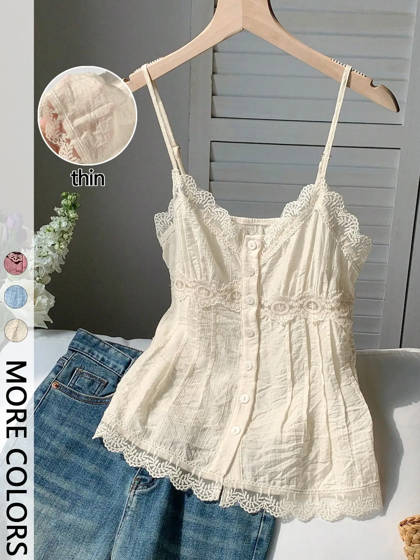 Damen-Top mit Spitzenbesatz, plissierter Textur, Neckholder-Design, V-Ausschnitt, verstellbare dünne Träger, einteilig