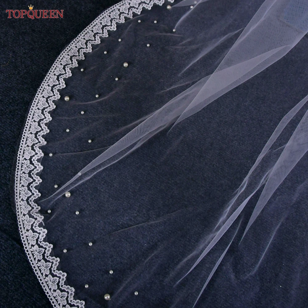 TOPQUEEN Bridal Double Layer Pearl Lace Veil Elegant Ivory White Veil Cathedral Length Wedding Accessory With Hair Comb V164