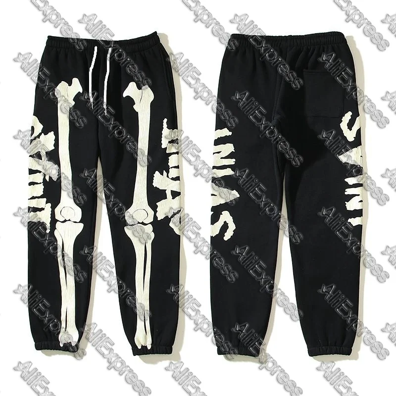 

European and American Street Skull Bone Graffiti Jeans for Men Bone Print Glow-in-the-Dark Hip-Hop Straight Loose Wide-Leg Pants