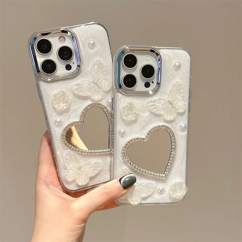 

Luxury 3D Love Heart Mirror Pearl Butterfly Phone Case For iPhone 16 14 15 13 12 11 Pro Max Plus Soft Shockproof Bumper Cover