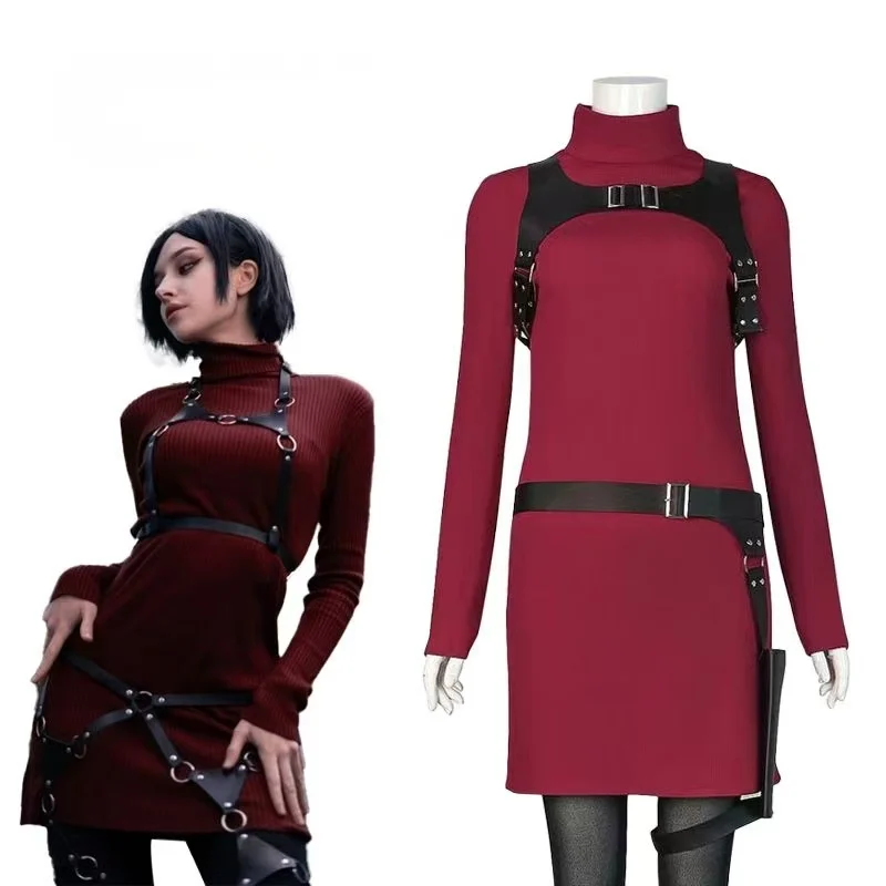 

Ada Wong Cosplay Costume Red Turtleneck Dress With Black Harness Belt Full Set And Wig For Women Comic Con Halloween Outfit