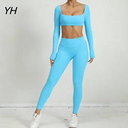 2 Piece Gym Set with Cups Women Sportswear Autumn Winter Long Sleeve Square Collar Sport Suit for Fitness Yoga Workout Clothing