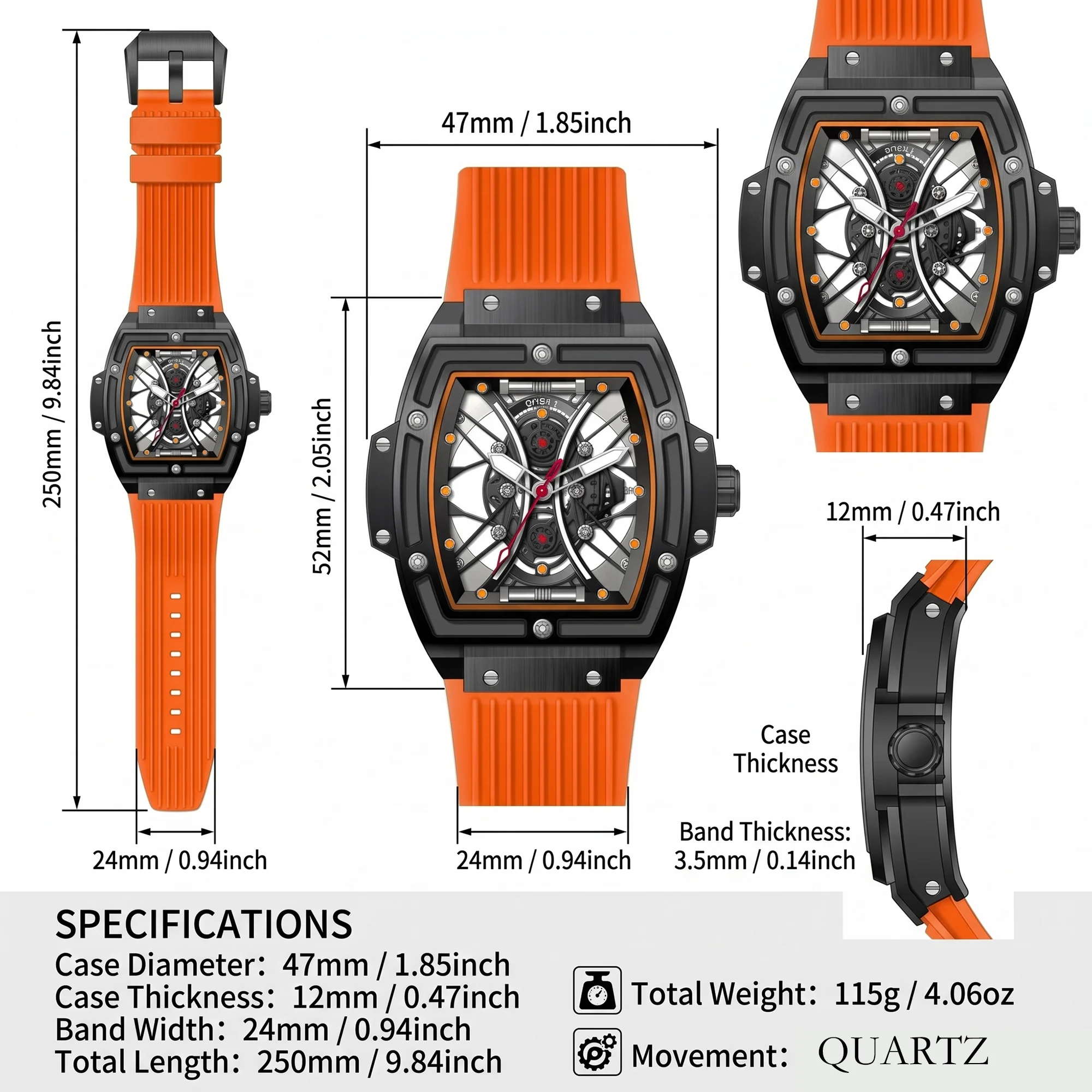 ONOLA men's quartz watch, transparent back cover design, luminous mark, stylish hollow dial, suitable for daily and party wear
