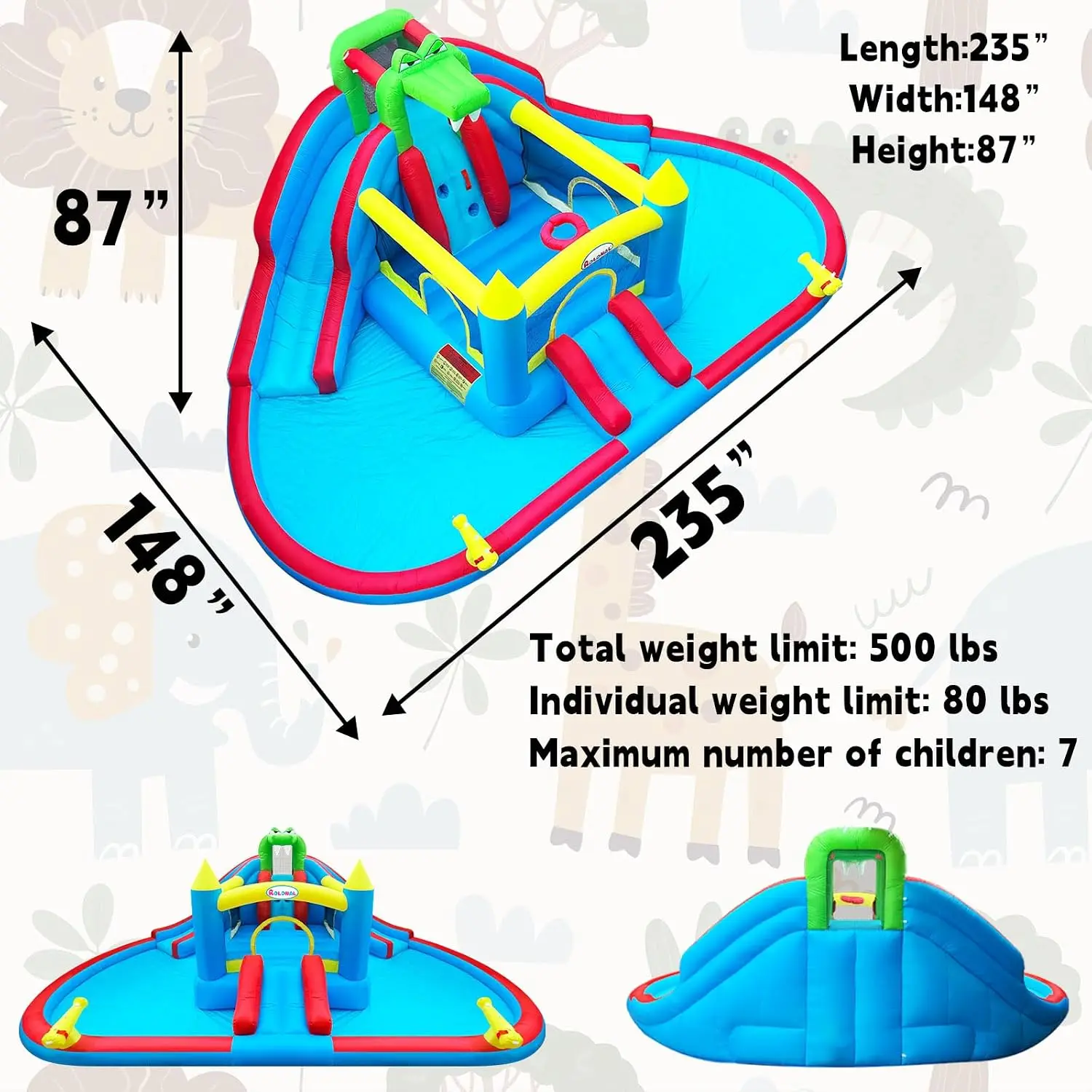 Kids Inflatable Crocodile Bounce House with Water Slide, Ball Pit, Climbing Wall and Basketball Hoop, Indoor/Outdoor Bouncy Castle