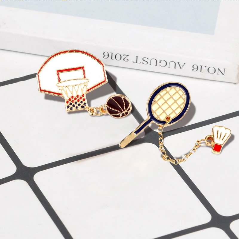 Cute Sports Enamel Brooches Pin Basketball Hoop Badminton Ping Pong Metal Chain Badge Bag Denim Lapel Jewelry For Women Men Kids