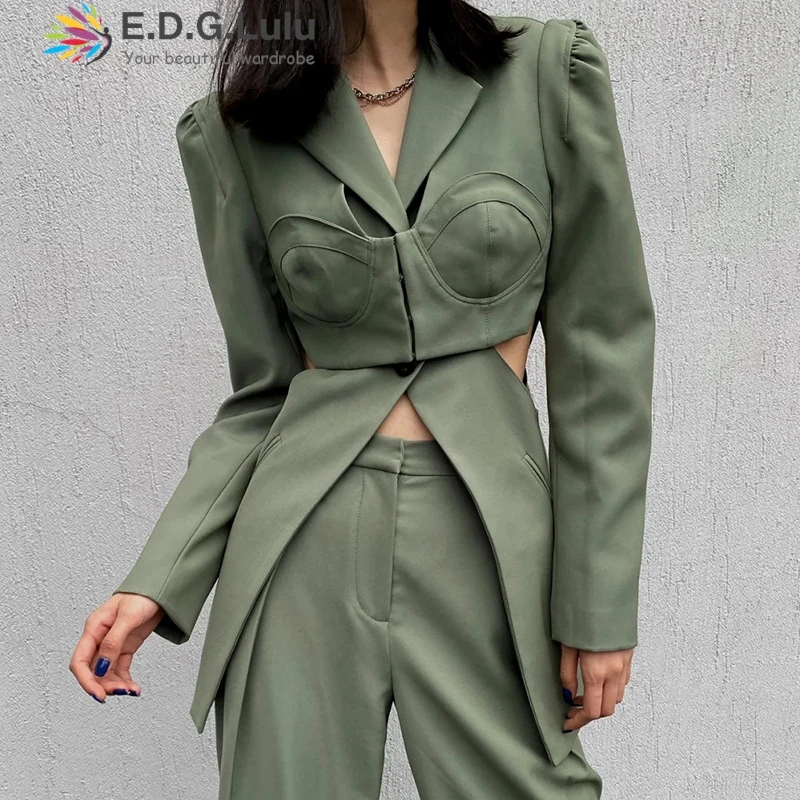 EDGLuLu 2024 Female V-Neck Long Sleeved Black Green Coats Solid Design Waist Hollow Asymmetrical Suit Jacket Blazers Autumn 1225