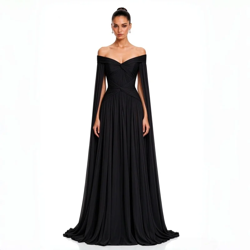 Off Shoulder Cape Sleeve Long Evening Dress Elegant Cold Shoulder Flowy Sleeve Formal Party Prom Dress Luxury Arabic EID Gala