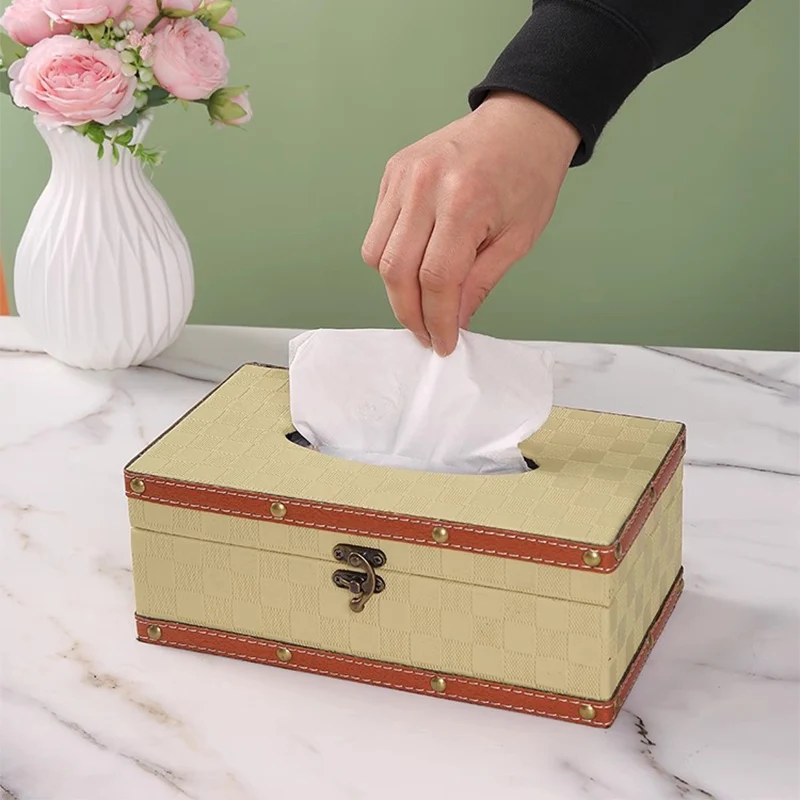 Retro plaid leather tissue box,home use,bedroom Wooden paper drawer,luxury,high-end napkin paper box,hotel party commercial use