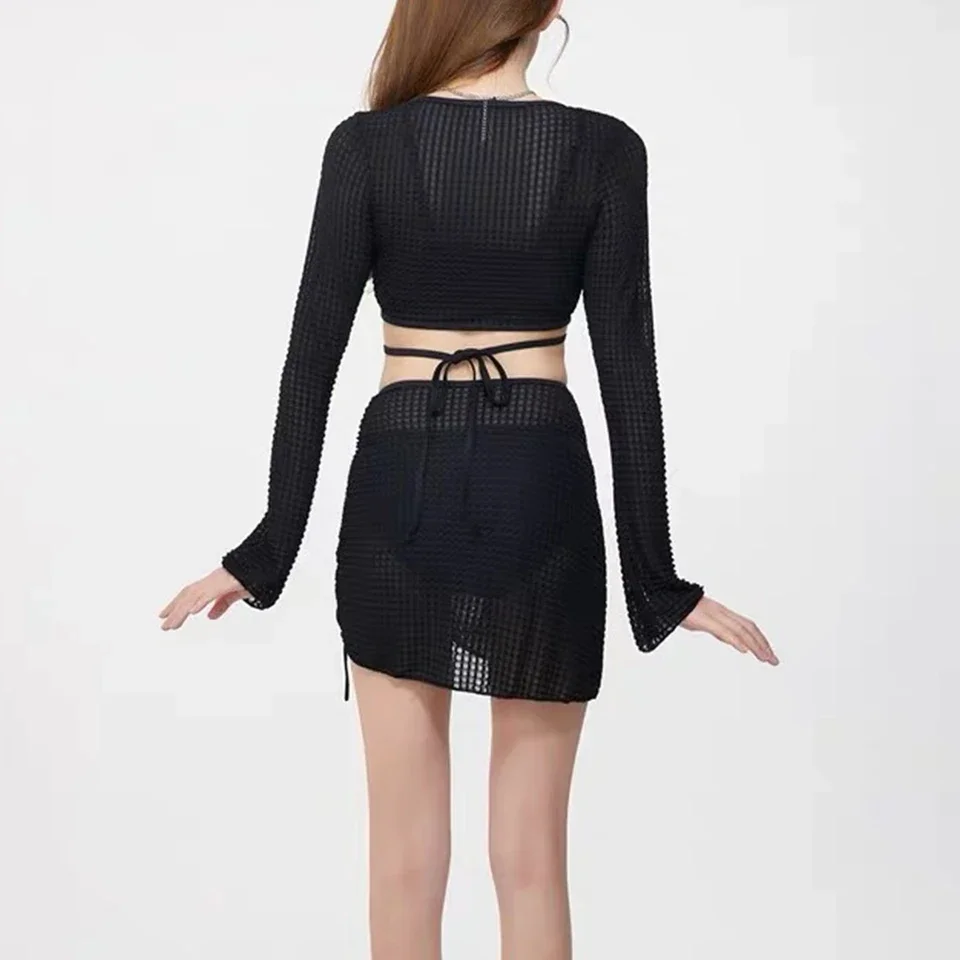 2025 Sexy Four-piece Women Swimsuit Bikini Set Long-sleeve Cover-up Swimwear Summer Solid Bikini Set Brazilian Beachwear