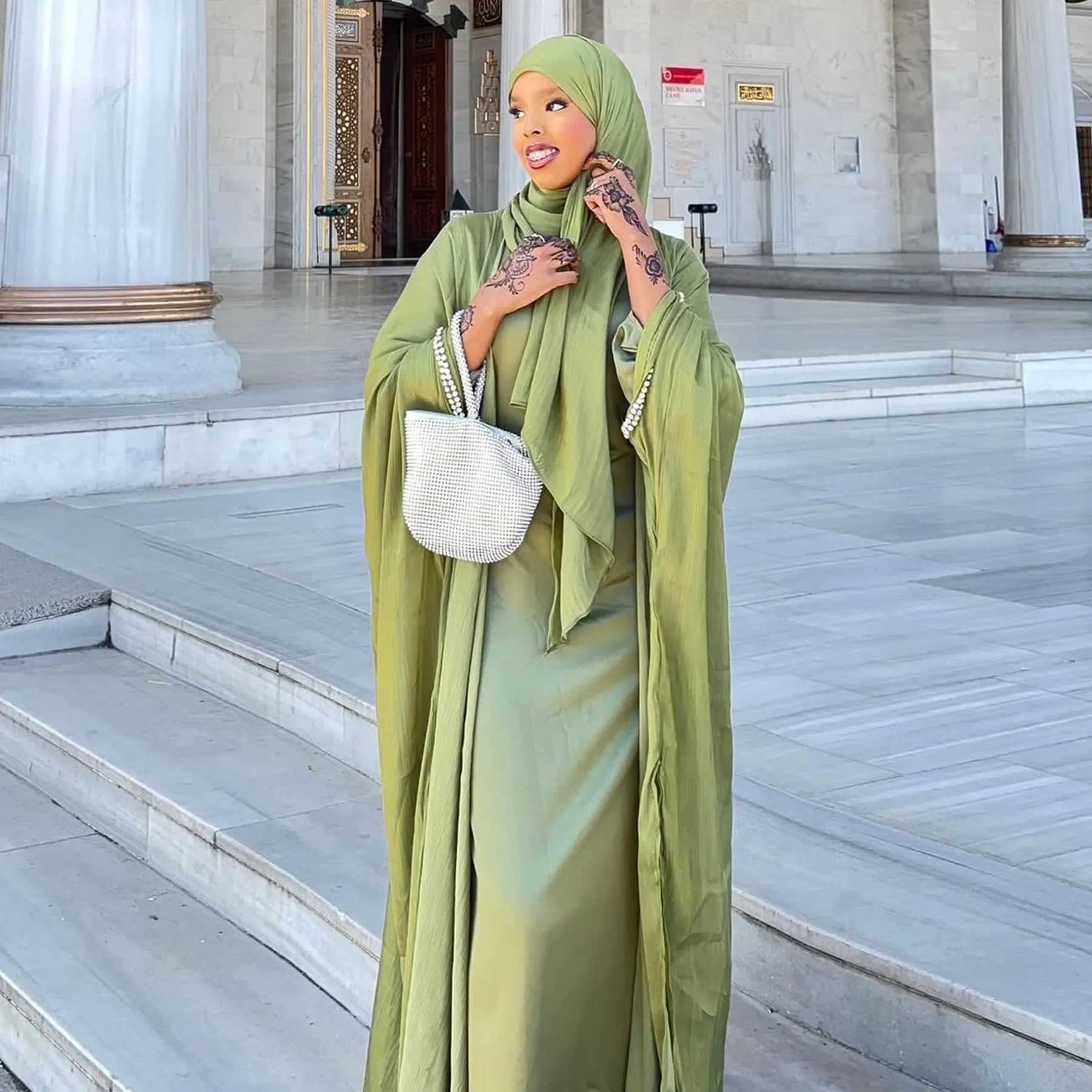 

Eid Muslim Abaya Scarf Dress 3 Piece Set for Women Cardigan Ramadan Beading Sleeve Dubai Jalabiya Kaftan Vestidos Arab Robe 2025