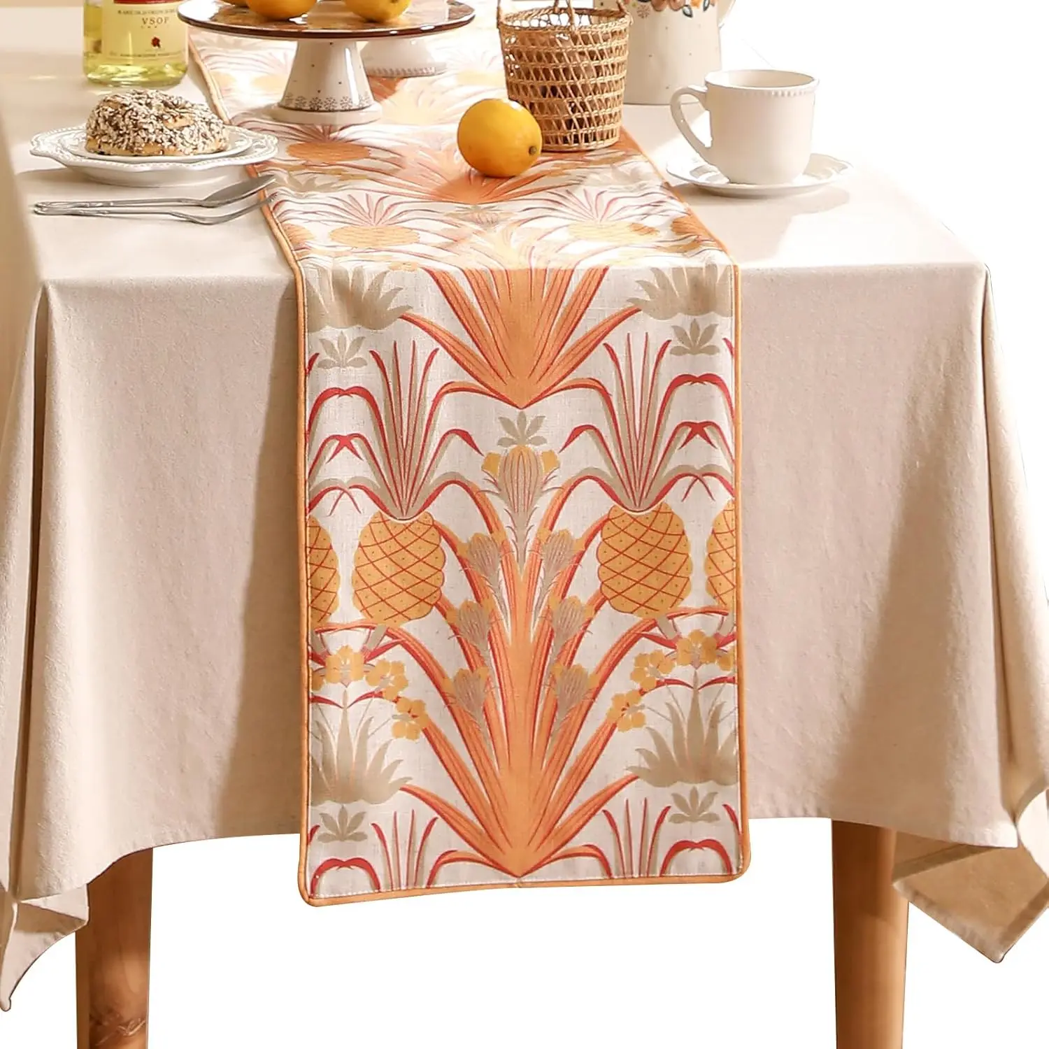 

Designer Tropical Linen Table Runner 102 H Long, Yellow Vintage Elegant With Pineapple Pattern Table Mat,Decoration For Kitchen