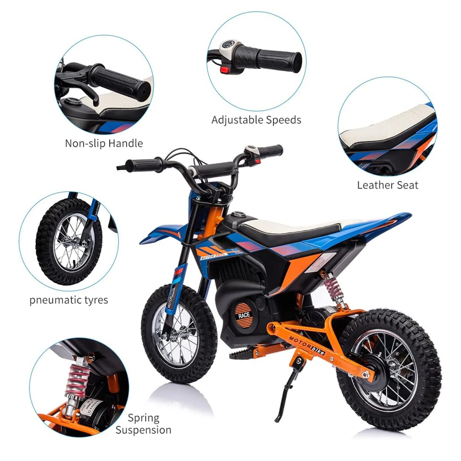 Bici da cross elettrica 24V 250w per bambini 8-14, fino a 13,6 MPH (22 km/h) Motocicletta elettrica con motore fuoristrada con sospensione a molla