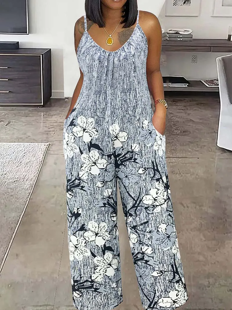 Plus Size Floral Print Cami Jumpsuit, Casual Pockets Sleeveless Jumpsuit For Summer, Women\'s Plus Size Clothing