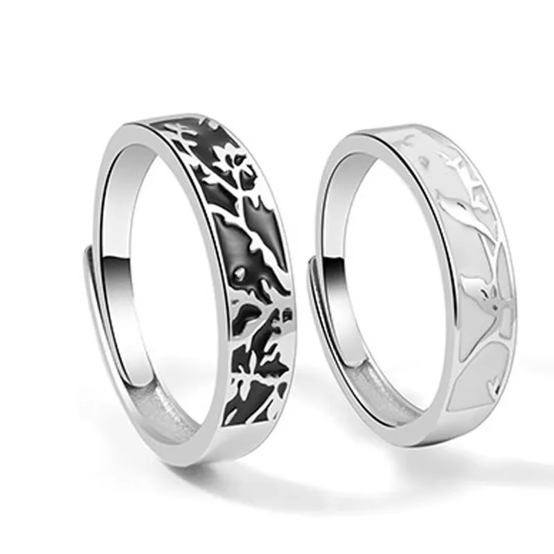 Buyee 925 Sterling Silver Couples Ring Sets Delicate Bird & Plum Blossom Patterns Ring for Women Men Fashion Fine Jewelry Circle