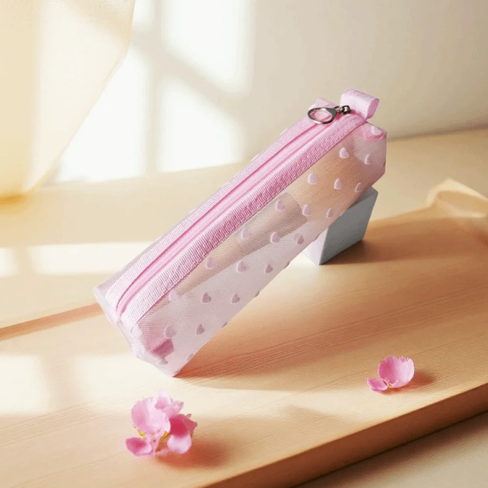 New Flower Edges Cosmetic Bag Mesh Lace Heart Makeup Storage Pouch INS Transparent Toiletry Bag Storage for Travel