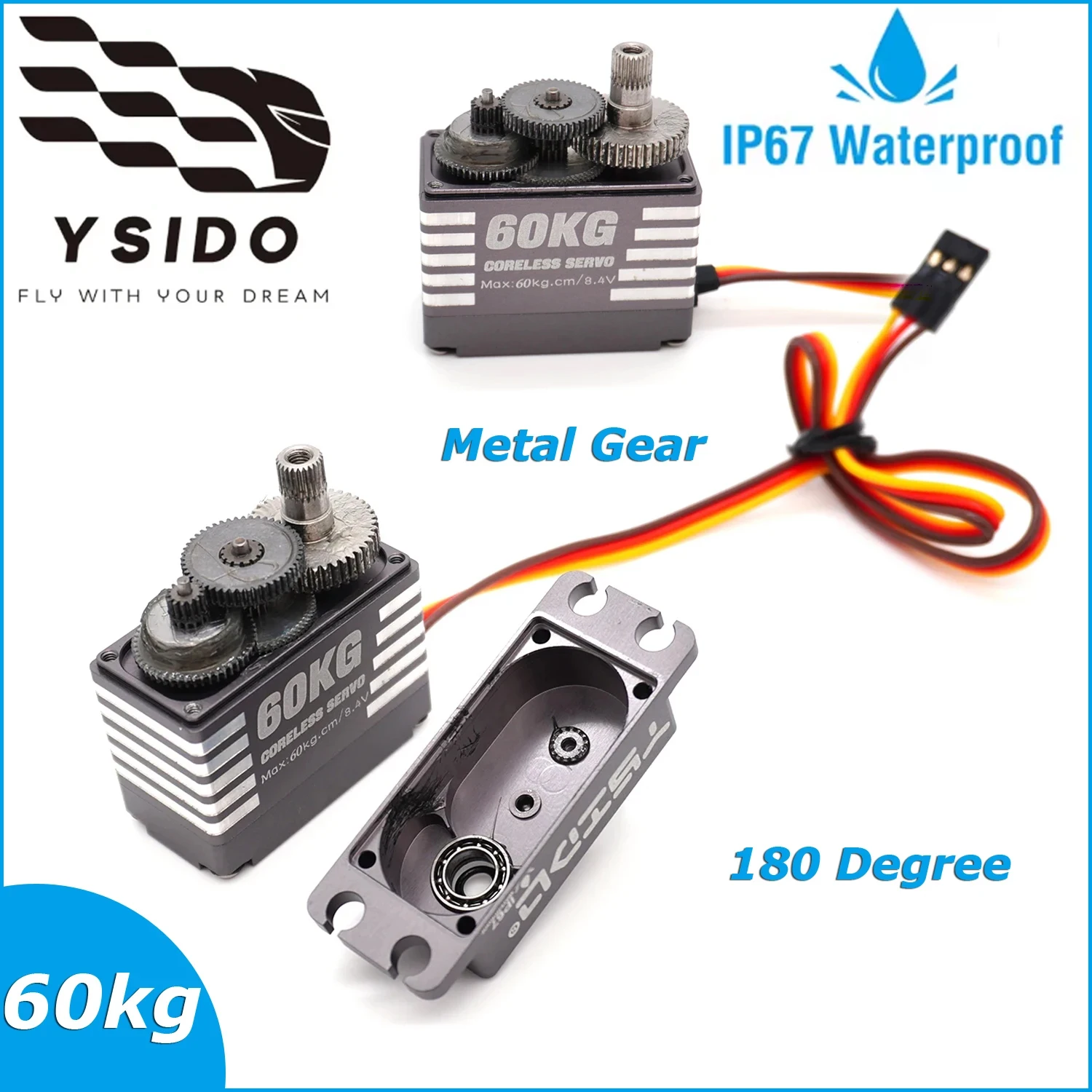 YSIDO 방수 60kg 모터 서보 4.8-8.4V 디지털 서보 브러시리스 올 메탈 서보 모터 1/8 1/10 RC 크롤러 자동차 로봇용