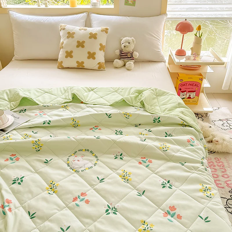 1PCS Girl's Heart Flower Rabbit Summer Quilt, Quilted Fixed Without Running Cotton, Single Double Summer Nap Cool Quilt