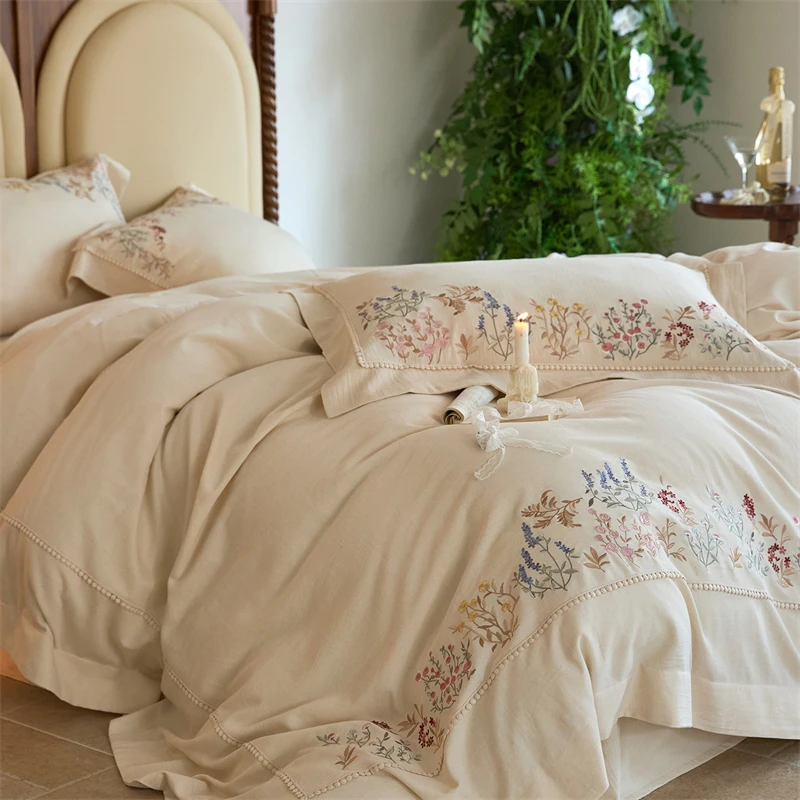 

Natural Cotton Linen Vintage French Flowers Embroidery Luxury Bedding Set Duvet Cover Flat/Fitted Bed Sheet Pillowcases 4Pcs